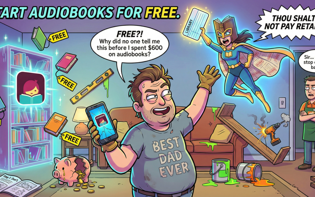 Modern cartoon style (Rick & Morty / Steven Universe vibes), bright colors, exaggerated expressions, chaotic dad energy. Characters: Dad protagonist: slightly overweight, wearing a faded “Best Dad Ever” shirt, holding a smartphone with the Libby app open. He looks proud and confused at the same time — classic multitasking dad expression. Librarian superhero: flying above him with a glowing library card like it’s the Sword of Destiny. Home Depot employee: lurking in the background, arms crossed, giving a “You again?” stare. Objects: A giant library card floating in the air like a magical artifact. A bookshelf that morphs into a glowing audiobook icon. A pile of unfinished home improvement tools: crooked level, paint cans, half-installed shelf. A crumpled project instruction manual labeled “Step 1: Don’t.” Floating price tags labeled “FREE” attached to cartoonish books. A shattered piggy bank dramatically weeping coins. Scene: The dad stands in the middle of his chaotic living room/workshop hybrid. One half is peaceful library glow beams shooting out of the Libby app. The other half is a disaster of dad-DIY failure — sparks from a drill, crooked boards, paint spills, and the Home Depot guy sighing in defeat. The librarian superhero swoops in, offering the library card like a sacred relic, her cape made of overdue notices. The dad reaches for it like he’s finally found salvation… or at least something cheaper than Audible. Humor Elements: Speech bubble from Dad: “FREE?! Why did no one tell me this before I spent $600 on audiobooks?” The Home Depot guy in the background muttering: “Sir… please stop coming back.” Librarian shouting: “THOU SHALT NOT PAY RETAIL!” Energy: Bright, comedic chaos—pure dad desperation mixed with triumphant frugality.