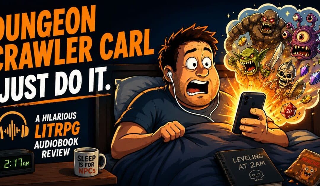 Dad lying in bed at 2:17am with earbuds in, wide-eyed and overwhelmed, as dungeon monsters explode out of his phone screen — blog header for a Dungeon Crawler Carl LitRPG audiobook review