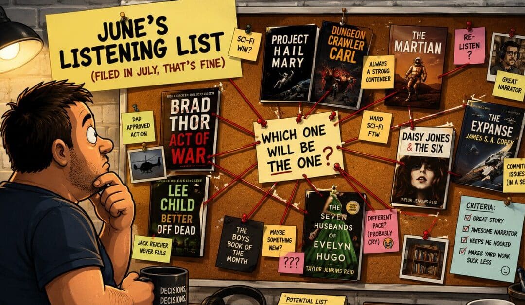Dad staring at a cork board covered in pinned audiobook covers, sticky notes, and red string connecting picks like a conspiracy board — header image for June 2026 monthly audiobook listening list